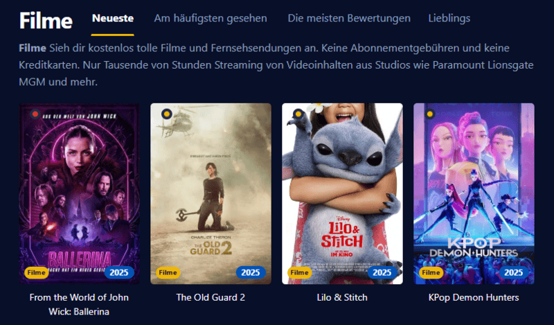 Screenshot der Filmpalast-Benutzeroberfläche, die verschiedene Filmtitel und Serienepisoden anzeigt.